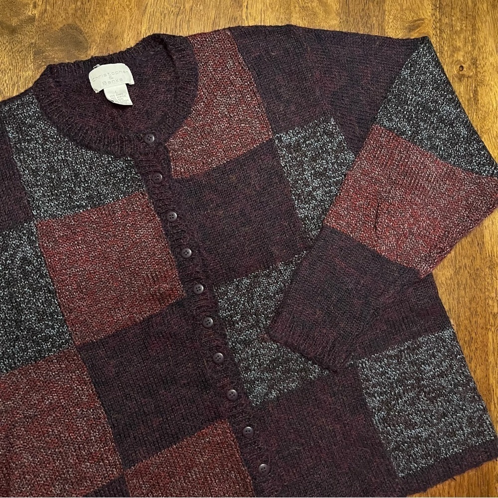 Christopher Banks Wool Blend Knit Cardigan Colorful Patchwork Long Sleeve Size L
